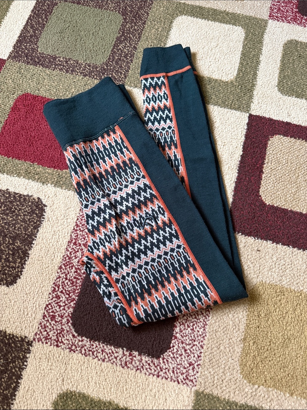 Kari Traa Teal Knit Leggings with Coral Patterned Side Panels Wool Leggings